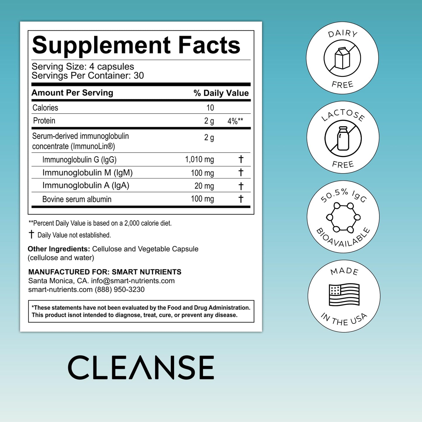 CLEANSE | IgG Dairy-Free Colostrum | 50.5% IgG Potent Concentrated Immune Support | Daily Gut Health Detox, Energy, Prebiotics, Digestive Support | 120 Capsules | 30 Day Supply, 1-Pack Smart NutrientsBuy Supplements Australia