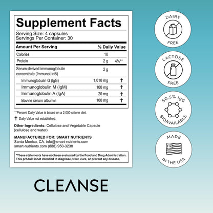 CLEANSE | IgG Dairy-Free Colostrum | 50.5% IgG Potent Concentrated Immune Support | Daily Gut Health Detox, Energy, Prebiotics, Digestive Support | 120 Capsules | 30 Day Supply, 1-Pack Smart NutrientsBuy Supplements Australia