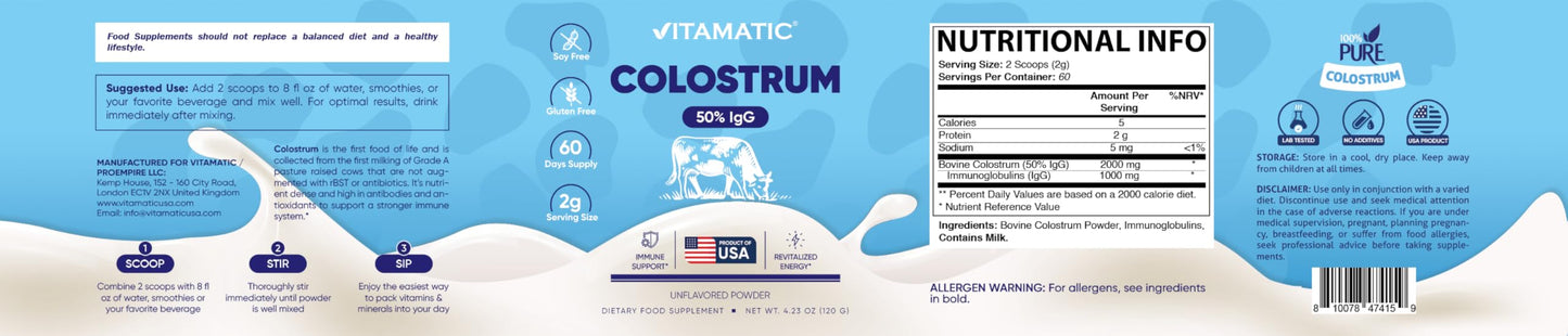 Vitamatic Bovine Colostrum Powder - 50% Highest IgG -120 Gram - Supplement for Gut Health, Hair Growth, Beauty, Muscle Recovery, & Immune Support - Easy to Mix - Unflavored - 60 Servings VitamaticBuy Supplements Australia