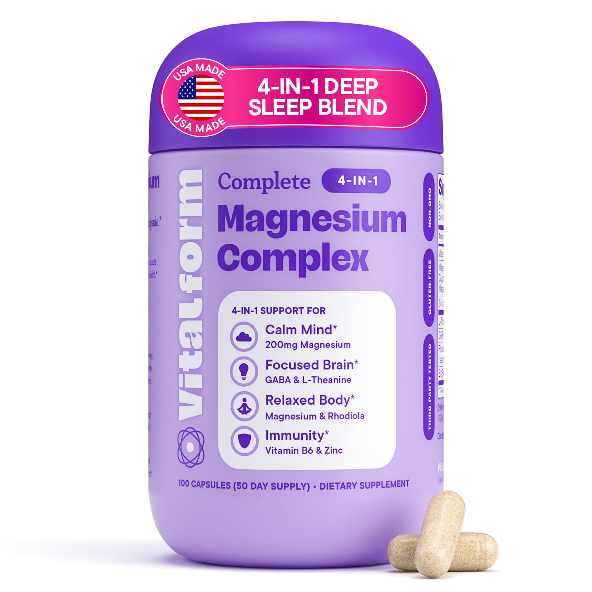 VitalForm Magnesium Glycinate Sleep Complex – Non-Habit Forming Support with L-Theanine, GABA, Zinc & Rhodiola – Promotes Relaxation, Calm & Muscle Recovery – Non-Melatonin – 100 Capsules VitalFormBuy Supplements Australia