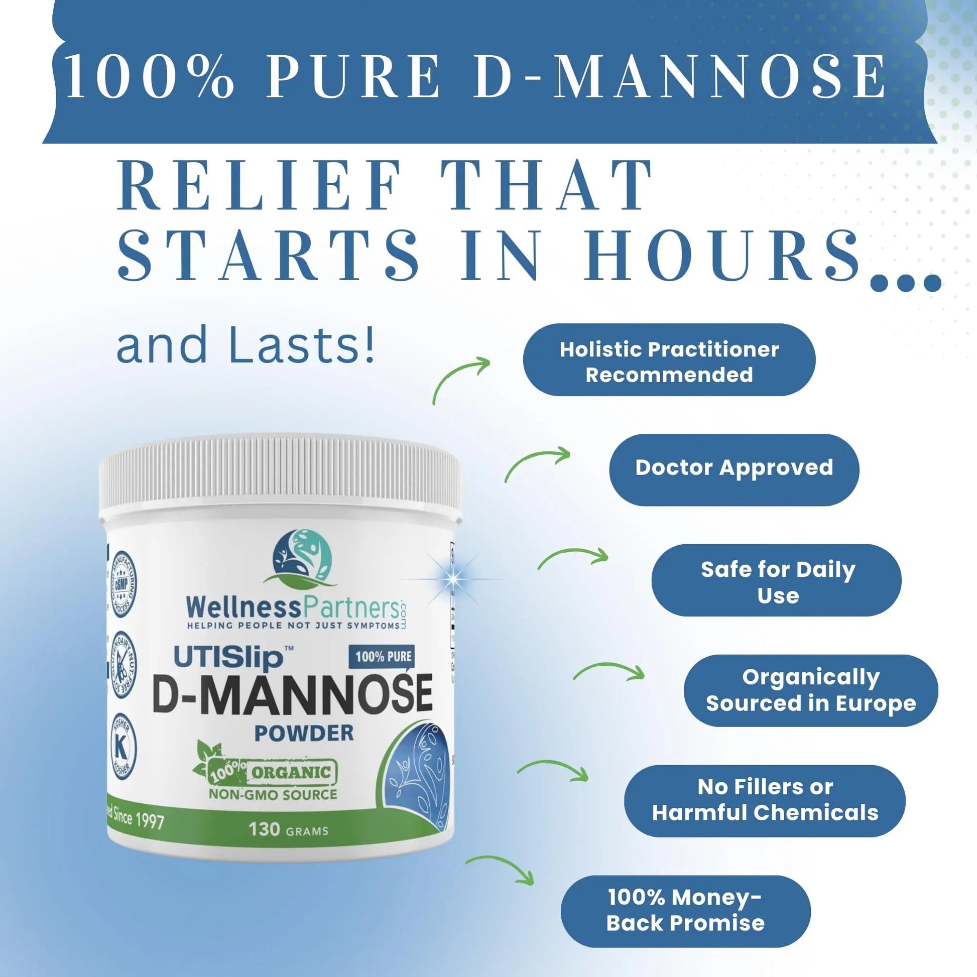 Now New UTI-Slip D Mannose Non GMO Organic Source Powder 130g jar. WellnessPartnersBuy Supplements Australia