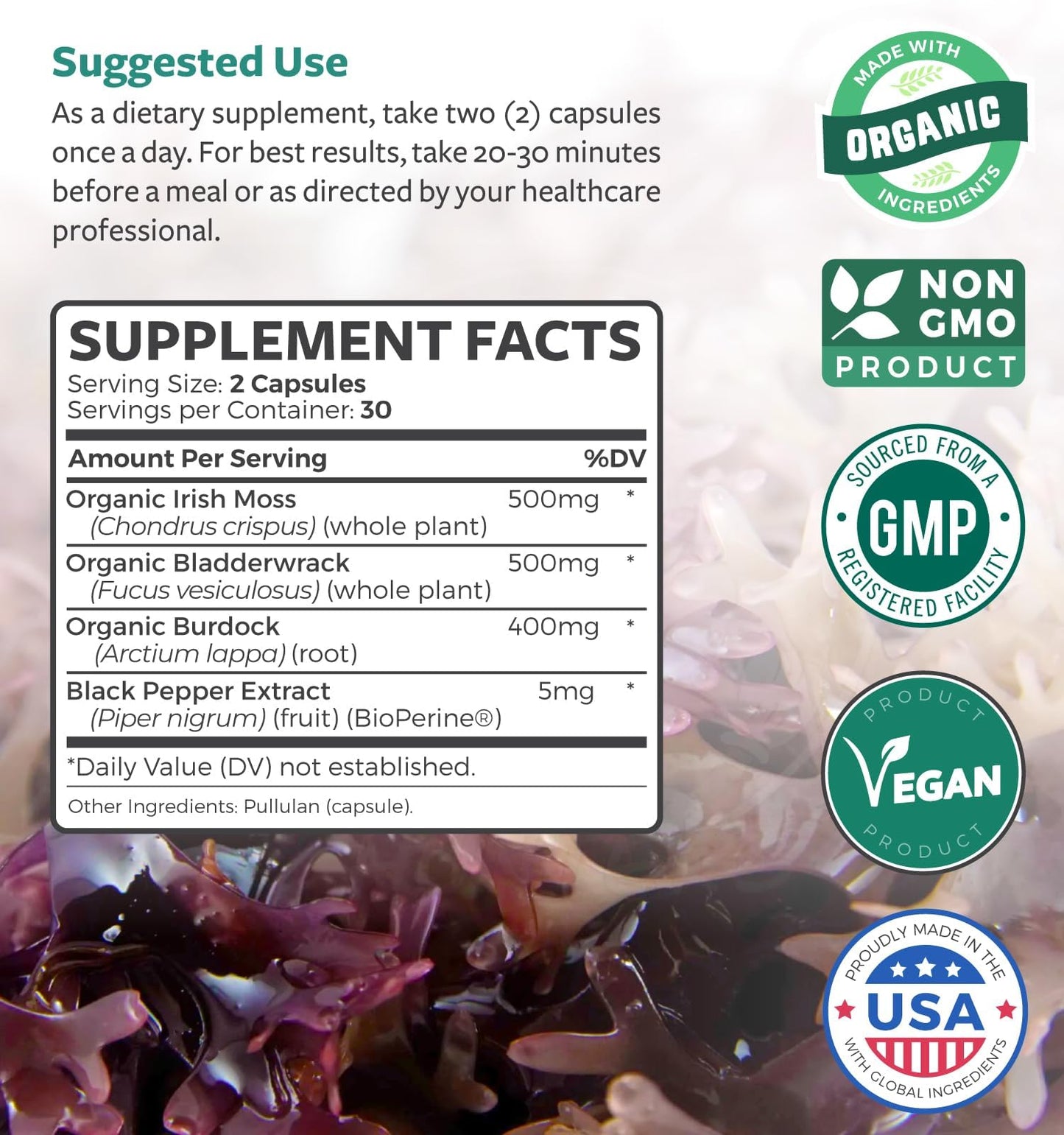 Organic Irish Sea Moss Capsules - Organic Sea Moss Capsules with Bladderwrack Burdock Root and Black Pepper Extract for Enhanced Absorption - Vegan Non-GMO & Made in the USA (1 Month Supply) Healths HarmonyBuy Supplements Australia