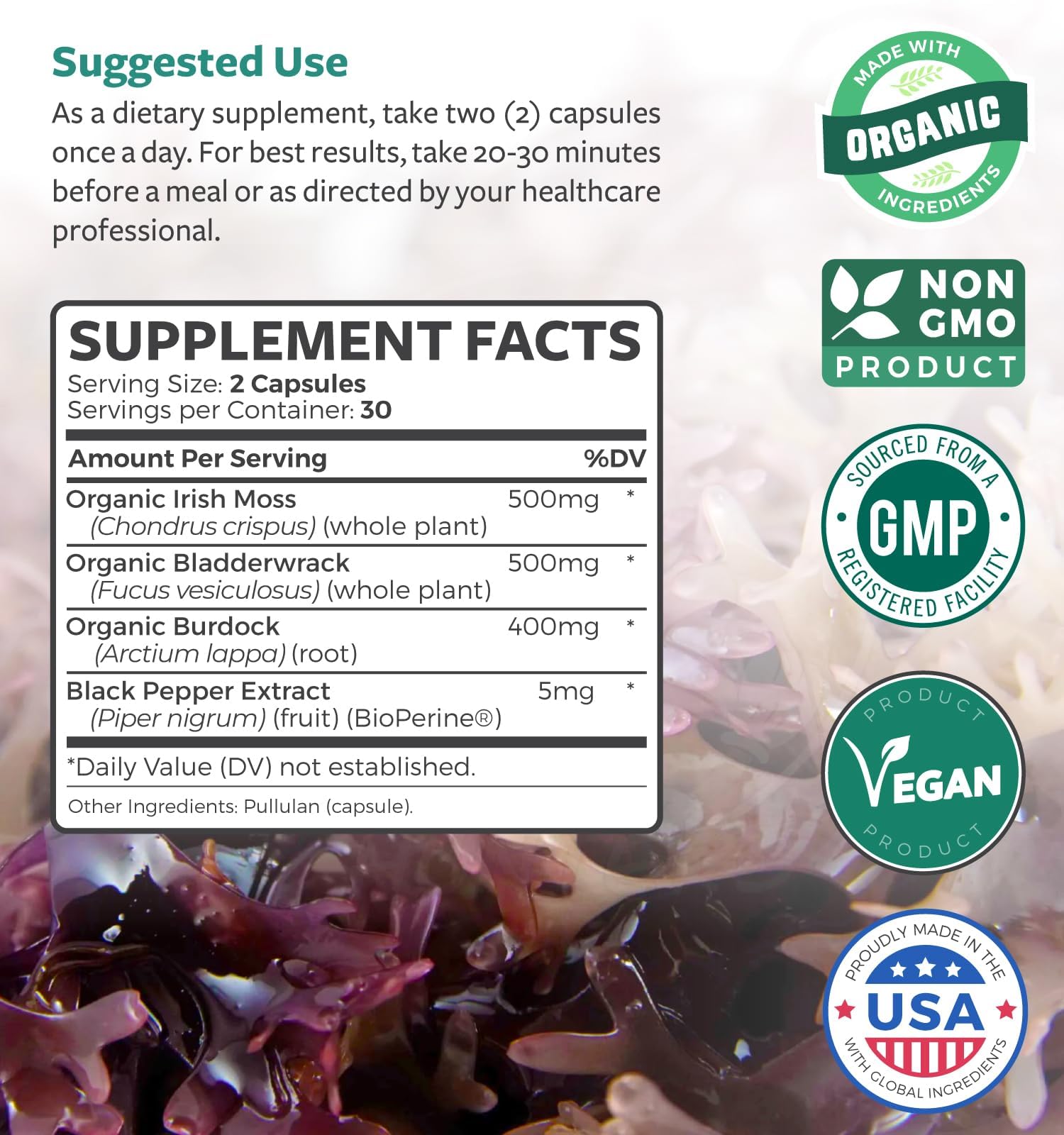 Organic Irish Sea Moss Capsules - Organic Sea Moss Capsules with Bladderwrack Burdock Root and Black Pepper Extract for Enhanced Absorption - Vegan Non-GMO & Made in the USA (1 Month Supply) Healths HarmonyBuy Supplements Australia