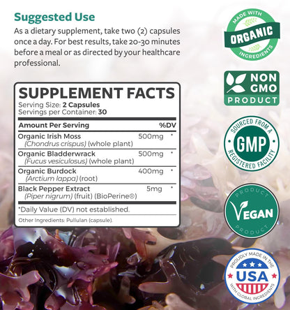 Organic Irish Sea Moss Capsules - Organic Sea Moss Capsules with Bladderwrack Burdock Root and Black Pepper Extract for Enhanced Absorption - Vegan Non-GMO & Made in the USA (1 Month Supply) Healths HarmonyBuy Supplements Australia