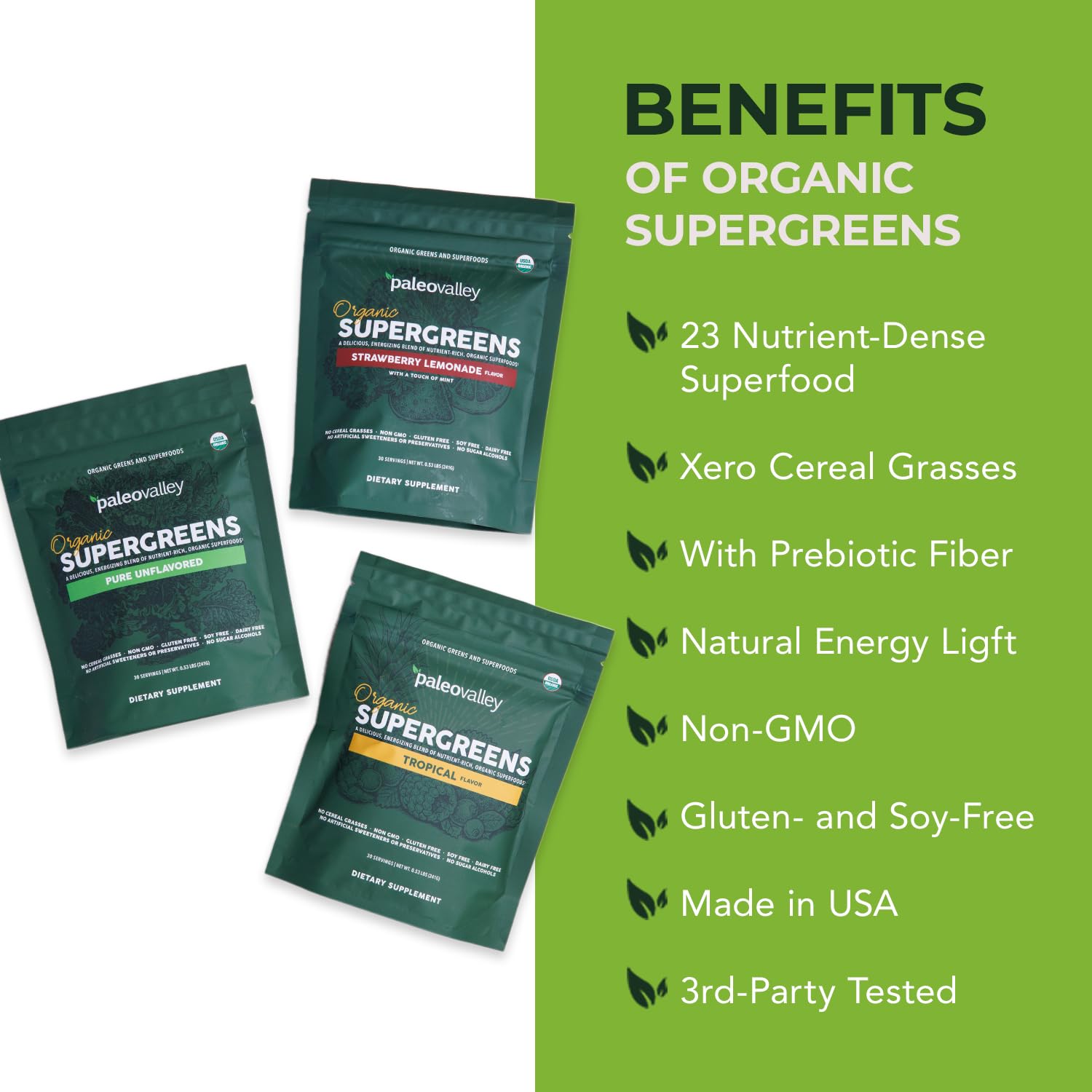 Paleovalley Organic Supergreens Powder - 23 Superfoods with Prebiotic Fiber for Energy and Immunity Support - No Cereal Grasses for Maximum Absorption - Pure Unflavored, 30 Servings PaleovalleyBuy Supplements Australia