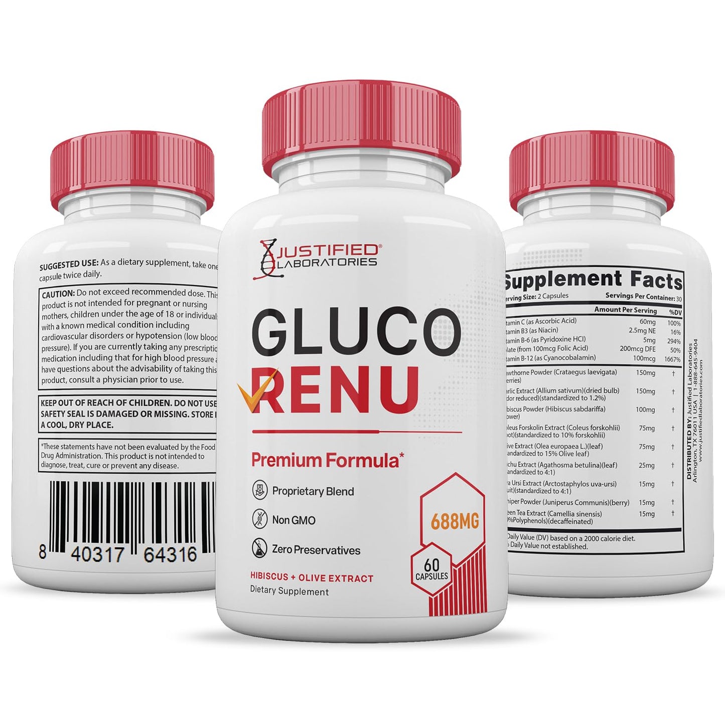 Gluco Renu 688MG Glyco Support Pills Premium Formula Gluo Renew Glycogen Support Formulated Hawthrone Hibiscus Garlic Junpier Powder Olive Forskolin Green Tea Extract 60 Capsules Justified LaboratoriesBuy Supplements Australia