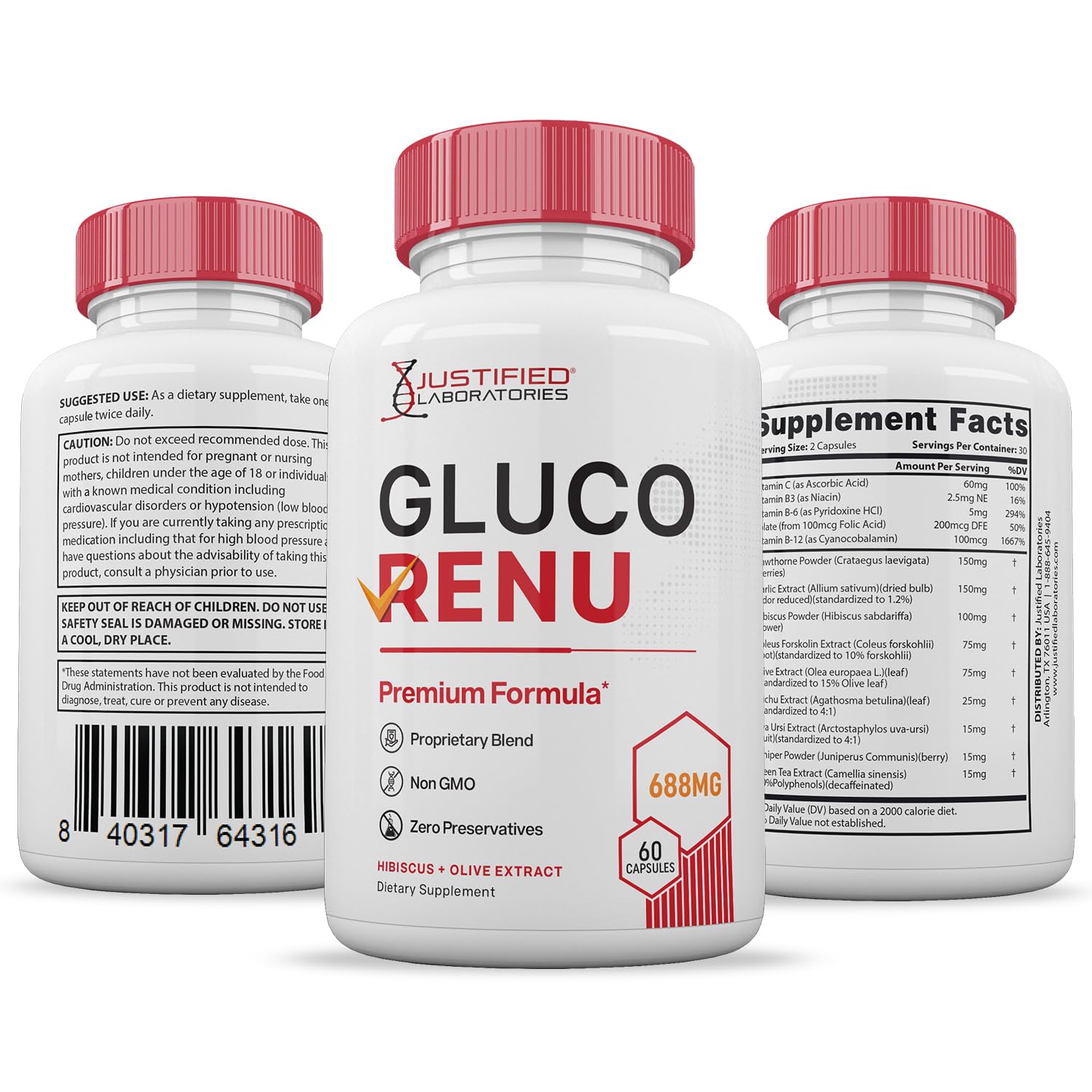 Gluco Renu 688MG Glyco Support Pills Premium Formula Gluo Renew Glycogen Support Formulated Hawthrone Hibiscus Garlic Junpier Powder Olive Forskolin Green Tea Extract 60 Capsules Justified LaboratoriesBuy Supplements Australia