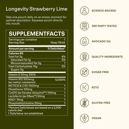 Sunny Within - Liposomal Glutathione Supplement NAD+ Longevity Mix w/Liquid NAD+, CoQ10, B12, MCT & Avocado Oil – Cellular Health, Energy, Brain, Gut & Heart Support* – Strawberry Lime – 30 Pouches Sunny WithinBuy Supplements Australia