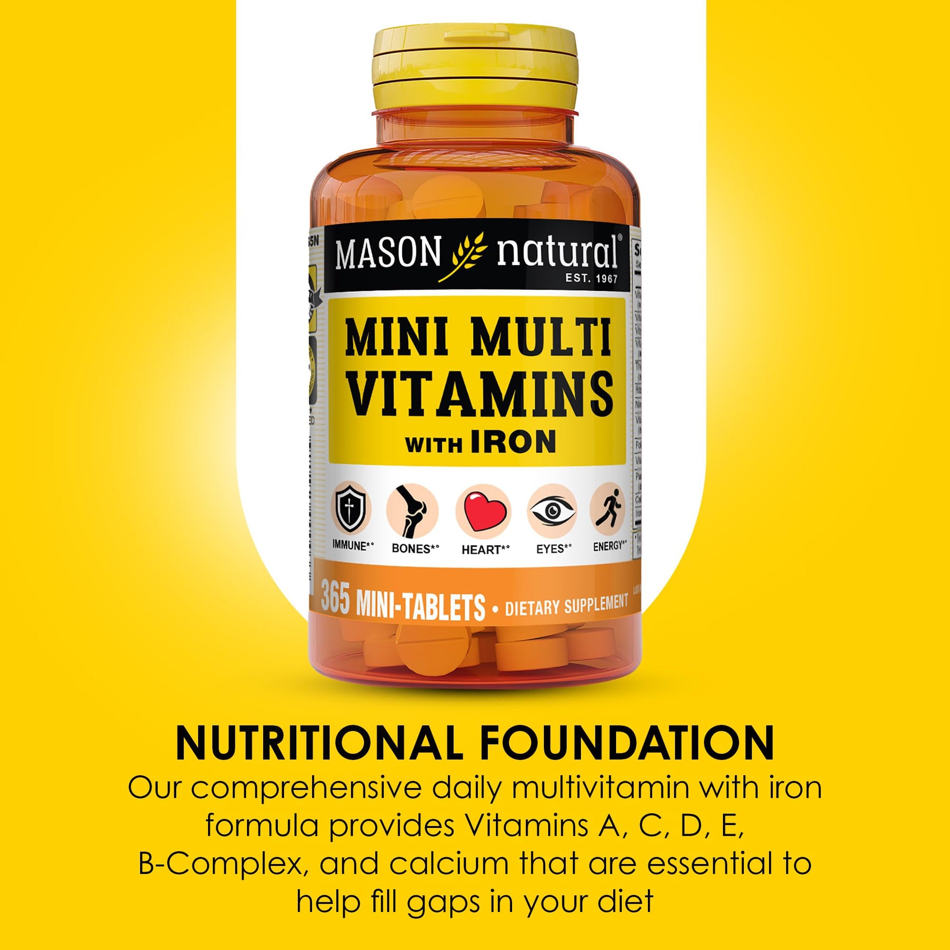 MASON NATURAL Mini Multi Vitamins with Iron, Vitamins A, C, D, E, B1, B2, B3, B6, B12, Folate and Calcium for Overall Health MASON NATURALBuy Supplements Australia