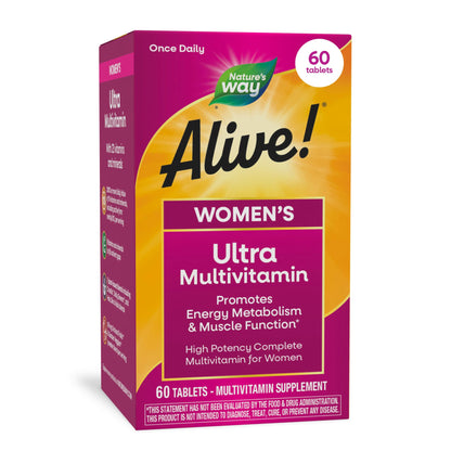 Nature's Way Alive! Ultra Multivitamin for Women, Complete Daily Women's Vitamins, High Potency Formula, Promotes Energy Metabolism and Muscle Function*, Vitamin A, C, D, Methylated B12, 60 Tablets Nature's WayBuy Supplements Australia