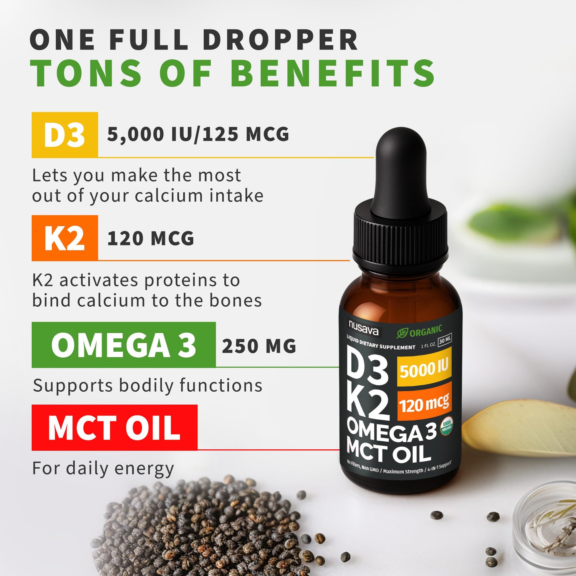 (2 Pack) Organic Vitamin D3 K2 Drops with MCT Oil Omega 3, 5000 IU, Maximum Strength Vitamin D Liquid, No Fillers, Non-GMO Liquid D3 for Faster Absorption and Immune Support (Unflavored, 2 Fl Oz) NUSAVABuy Supplements Australia