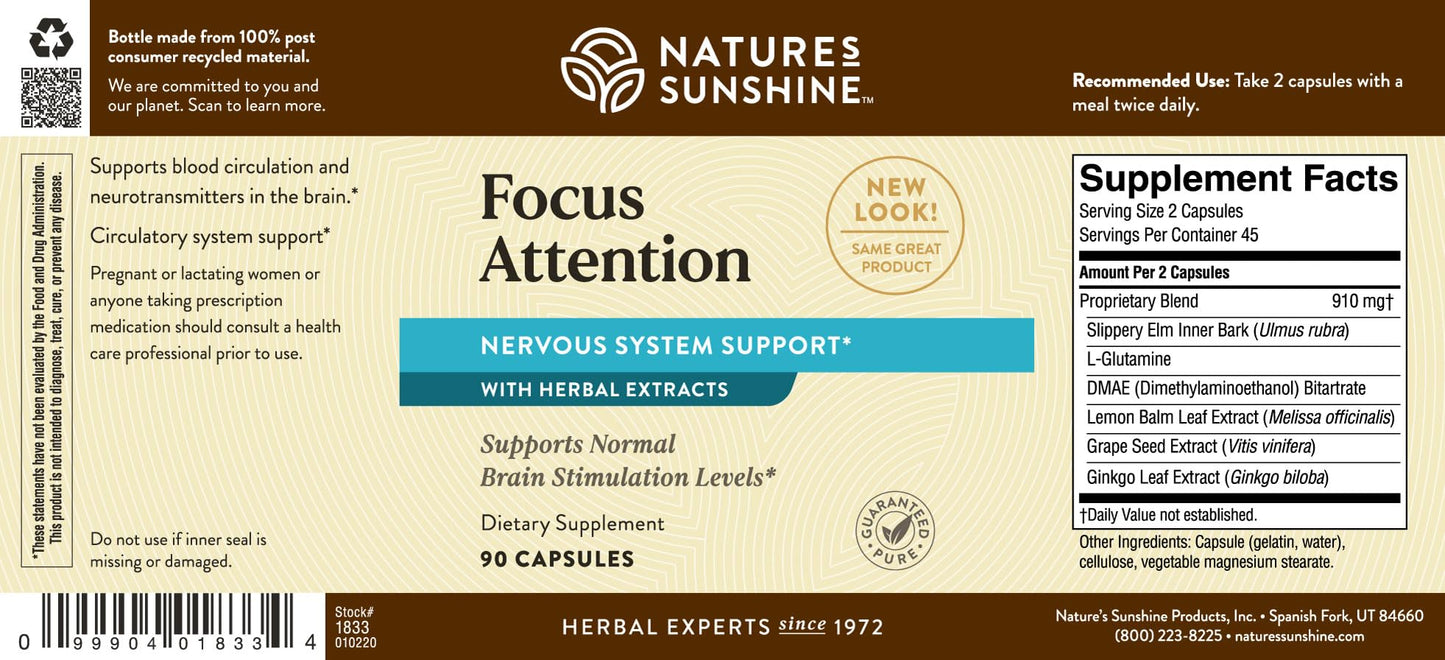 Nature's Sunshine Focus Attention, 90 Capsules, Provides Nutrients That Help Maintain Normal Brain-Stimulation Levels While Supporting Blood Circulation and Neurotransmitter Levels in The Brain Nature's SunshineBuy Supplements Australia