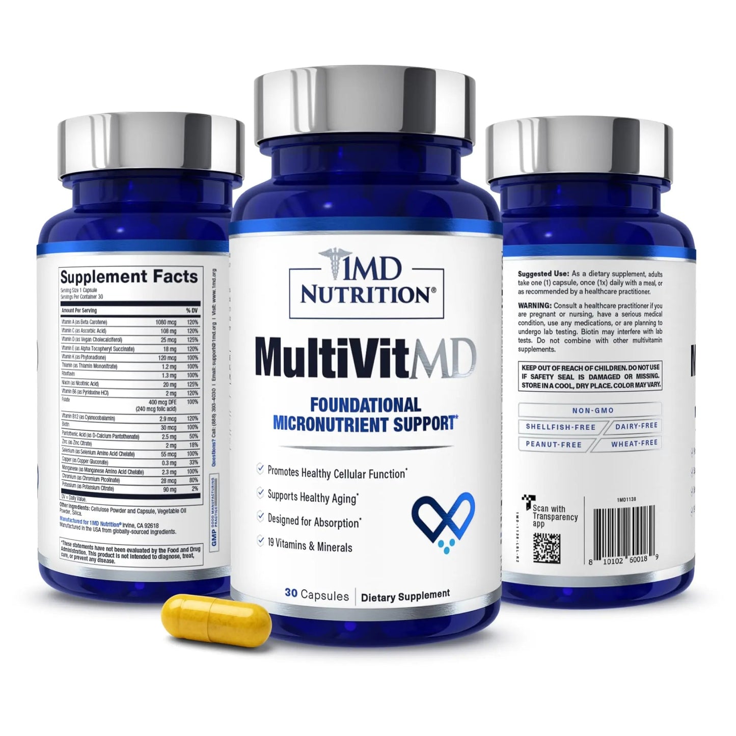 1MD Nutrition MultiVitMD Daily Multivitamin – 19 Essential Vitamins & Minerals for Adults Over 55 | Supports Healthy Aging, Heart, Brain, Bone, & Immune Health | 1MD Nutrition