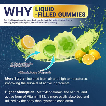 Mens Multivitamins Gummies, Methylated Multivitamin with Vitamins A C D K E, B Complex, Omega-3, Digestive Enzymes, Lycopene Wiszeen