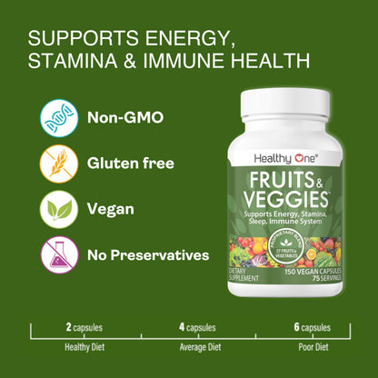 Fruits & Veggies Formula - 27 Premium Whole Foods - Organic Ingredients - Equals 3 Servings of Fruits & Vegetables - Improve Energy, Focus & Immune Function - Fiber - Antioxidants - 150ct (75 Serv) Healthy OneBuy Supplements Australia