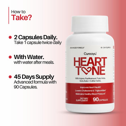 Cureayu Heart Tone Capsules | Natural Heart Health Supplement | Supports Healthy Cholesterol & Triglycerides Levels | with Arjuna, Pushkarmool + 8 Other Herbs | 90 Capsules CureayuBuy Supplements Australia