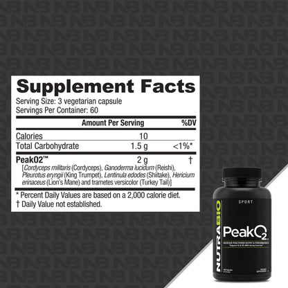 NutraBio PeakO2 Workout Supplement, 180 Capsules - Mushroom Blend Supplement to Help Enhance Athletic Performance and Overall Health, 60 Servings NutraBioBuy Supplements Australia