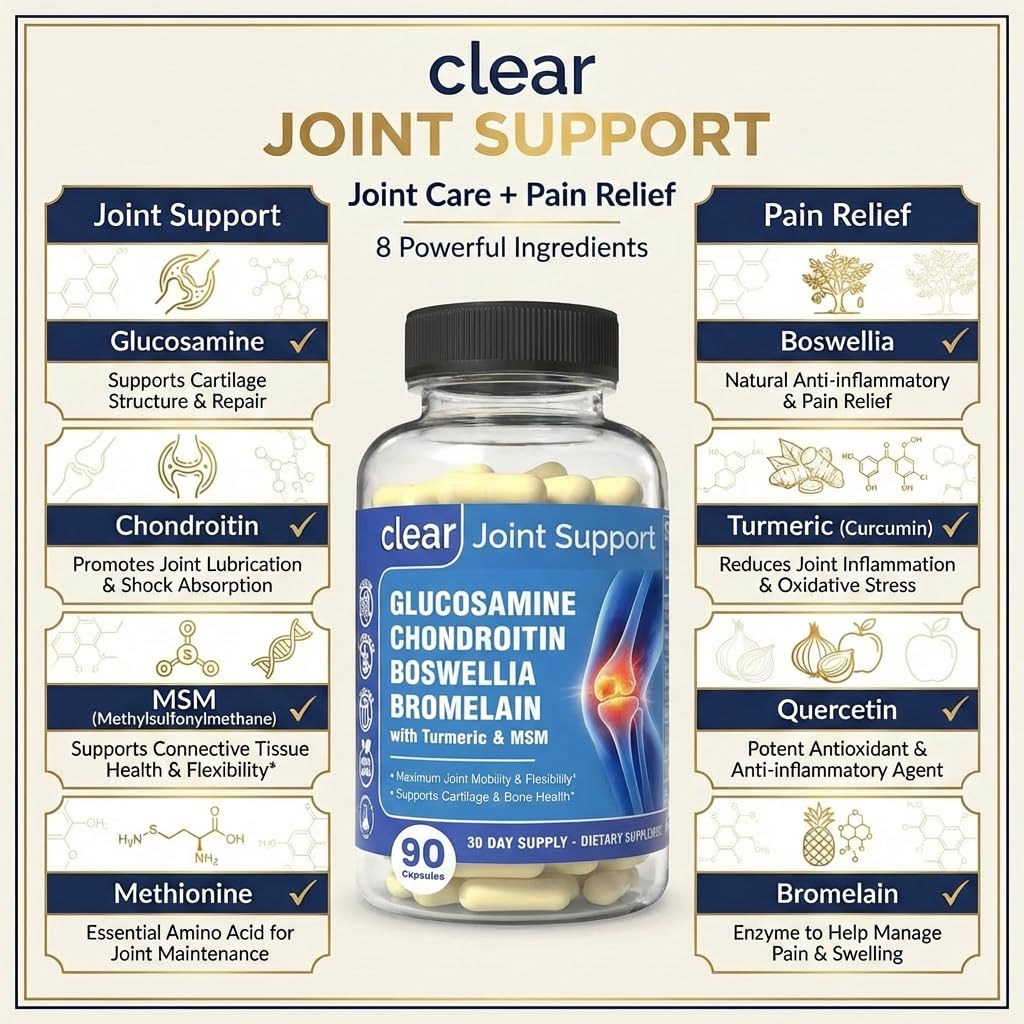 Clear Joint Support - 1500mg Glucosamine Chondroitin MSM - 8 in 1 Joint Health Supplement with Turmeric and Boswellia for Men & Women, Knee, Hip & Back Support, Made in USA, 90 Capsules Clear ProbioticsBuy Supplements Australia