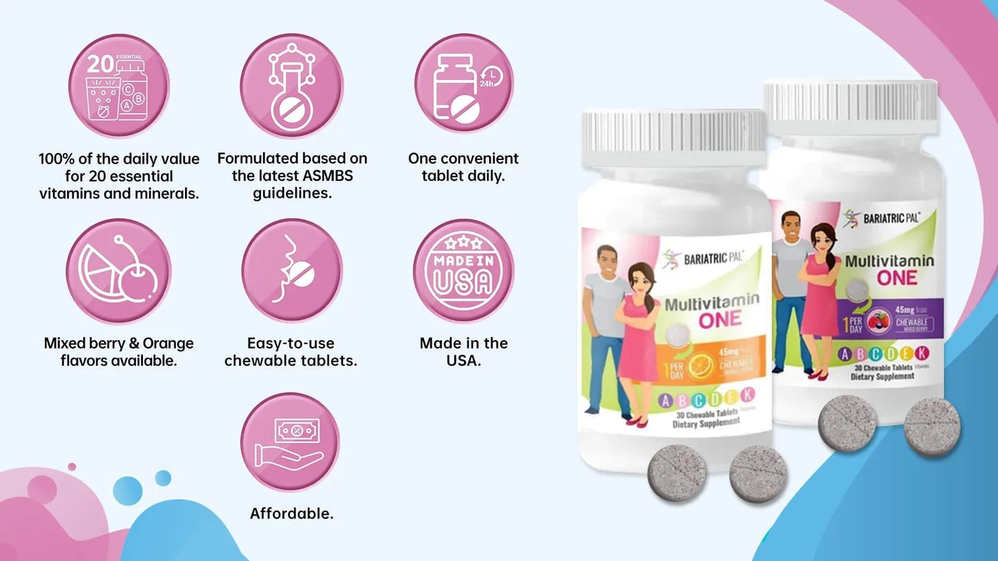 BariatricPal Multivitamin ONE 1 per Day! Bariatric Multivitamin Chewable with 45mg Iron - Mixed Berry (30 Count) BariatricPalBuy Supplements Australia