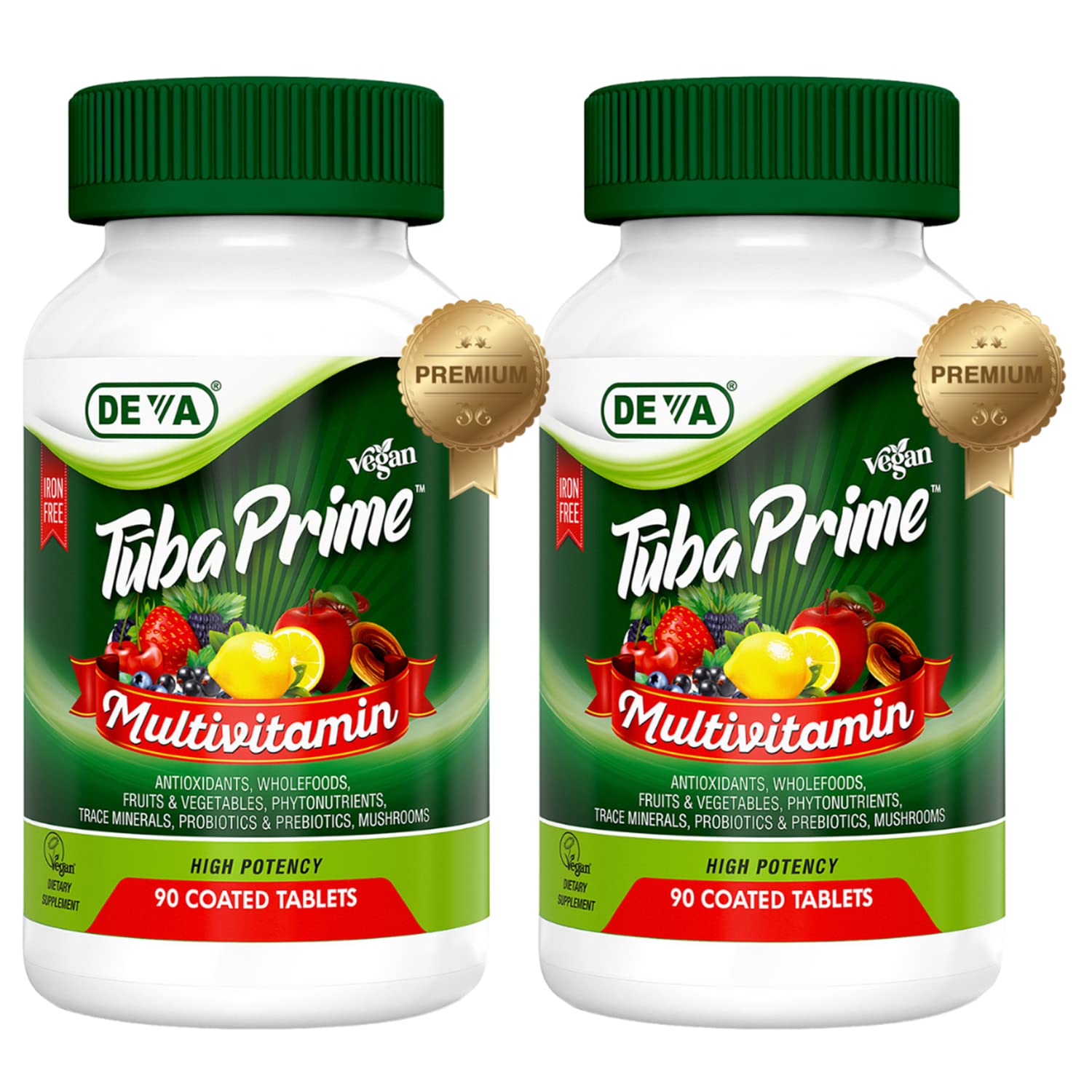 DEVA Tuba Prime Vegan Multivitamin Iron-Free High-Potency Vitamin & Mineral Dietary Supplement Antioxidants, Fruit & Veg Blend, Super Mushrooms, Probiotics, Prebiotics, Seeds, Herbs 90 Tabs 2-Pack DEVABuy Supplements Australia