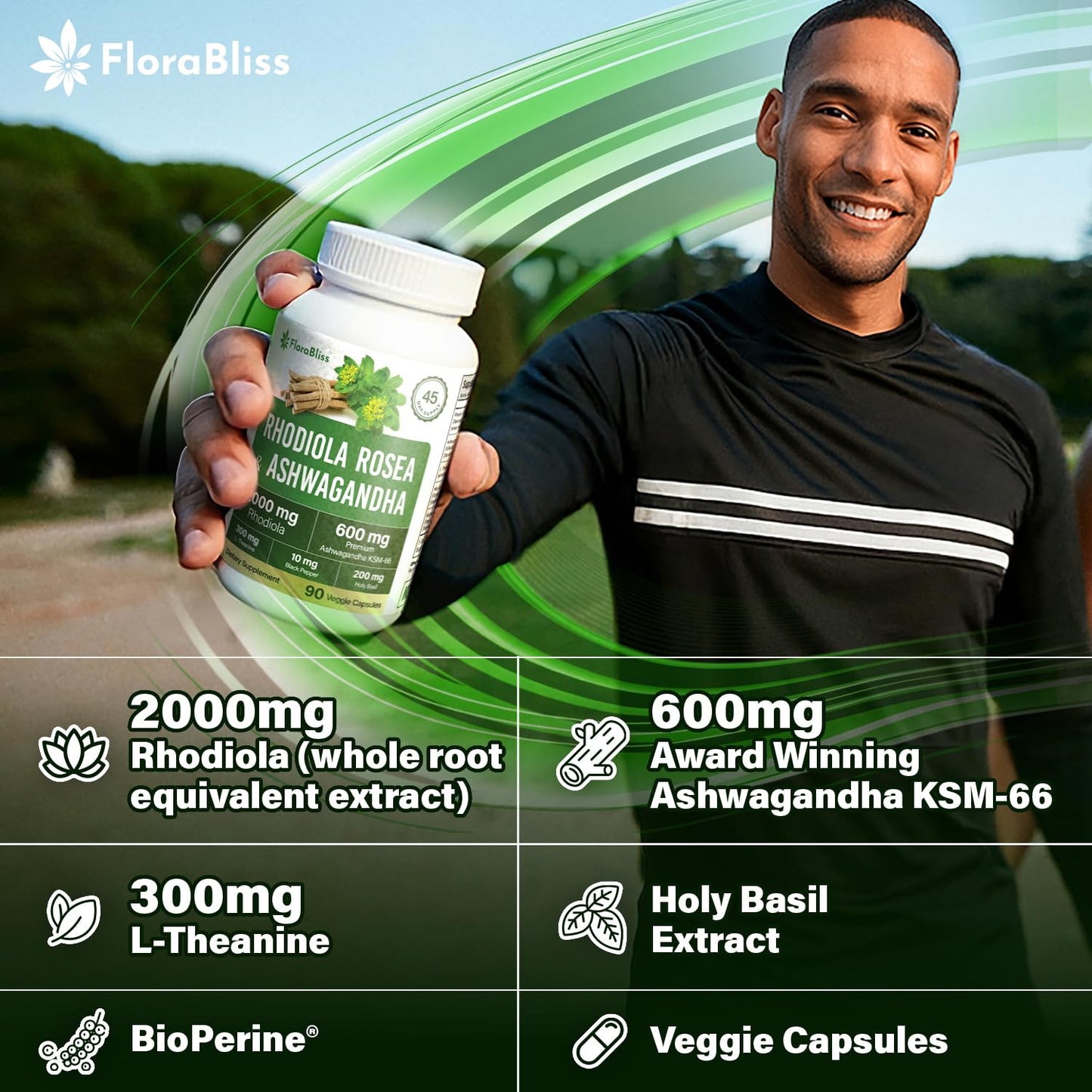 FloraBliss Rhodiola Rosea with Ashwagandha KSM-66, L-Theanine, Holy Basil & Black Pepper - 90 High Potency Vegan Capsules - 45-Day Supply FloraBlissBuy Supplements Australia
