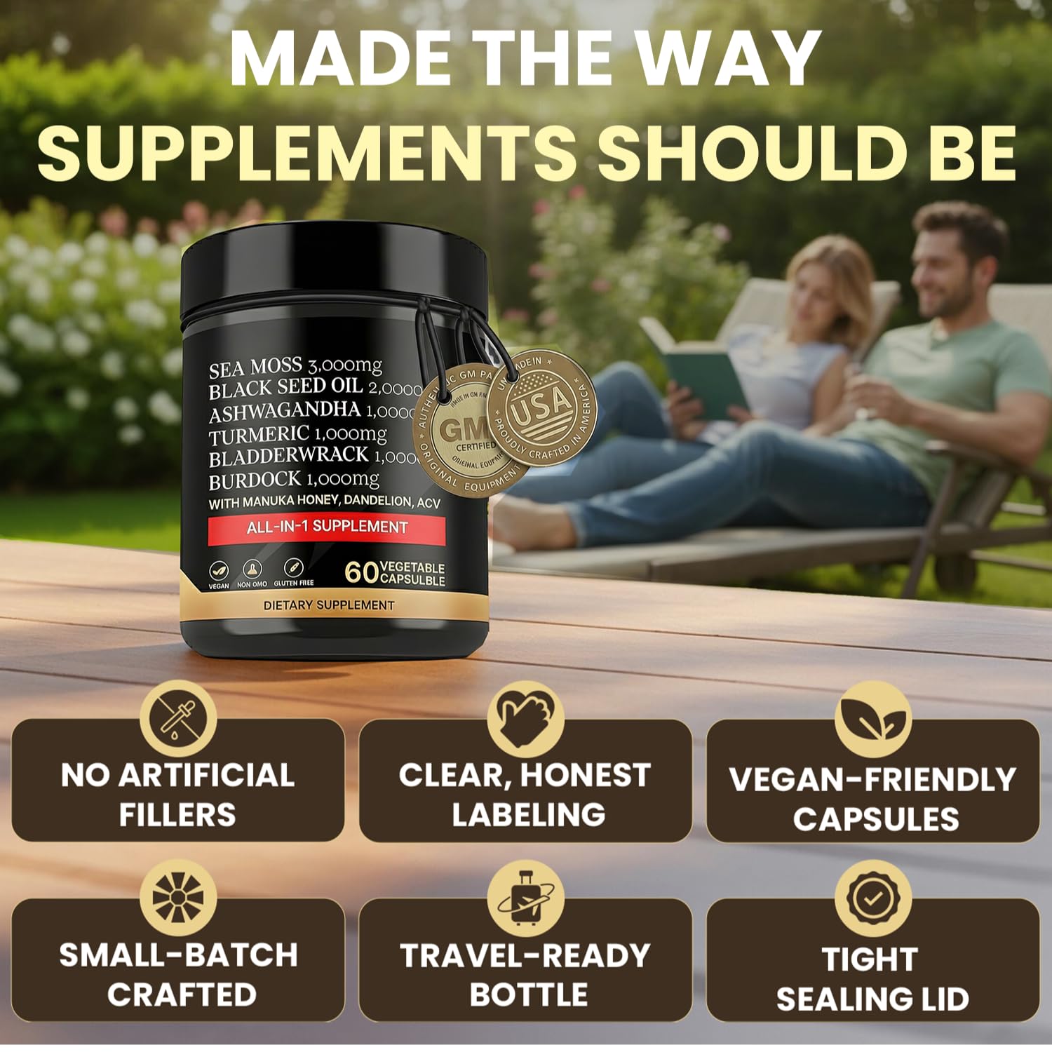 AZ ApexZone True Sea Moss Capsules Black Seed Oil Ashwagandha Burdock Root, Tumeric Supplement with Manuka Honey, Dandelion Root ACV - 60 Capsules - Multi Vitamin AZ ApexZoneBuy Supplements Australia