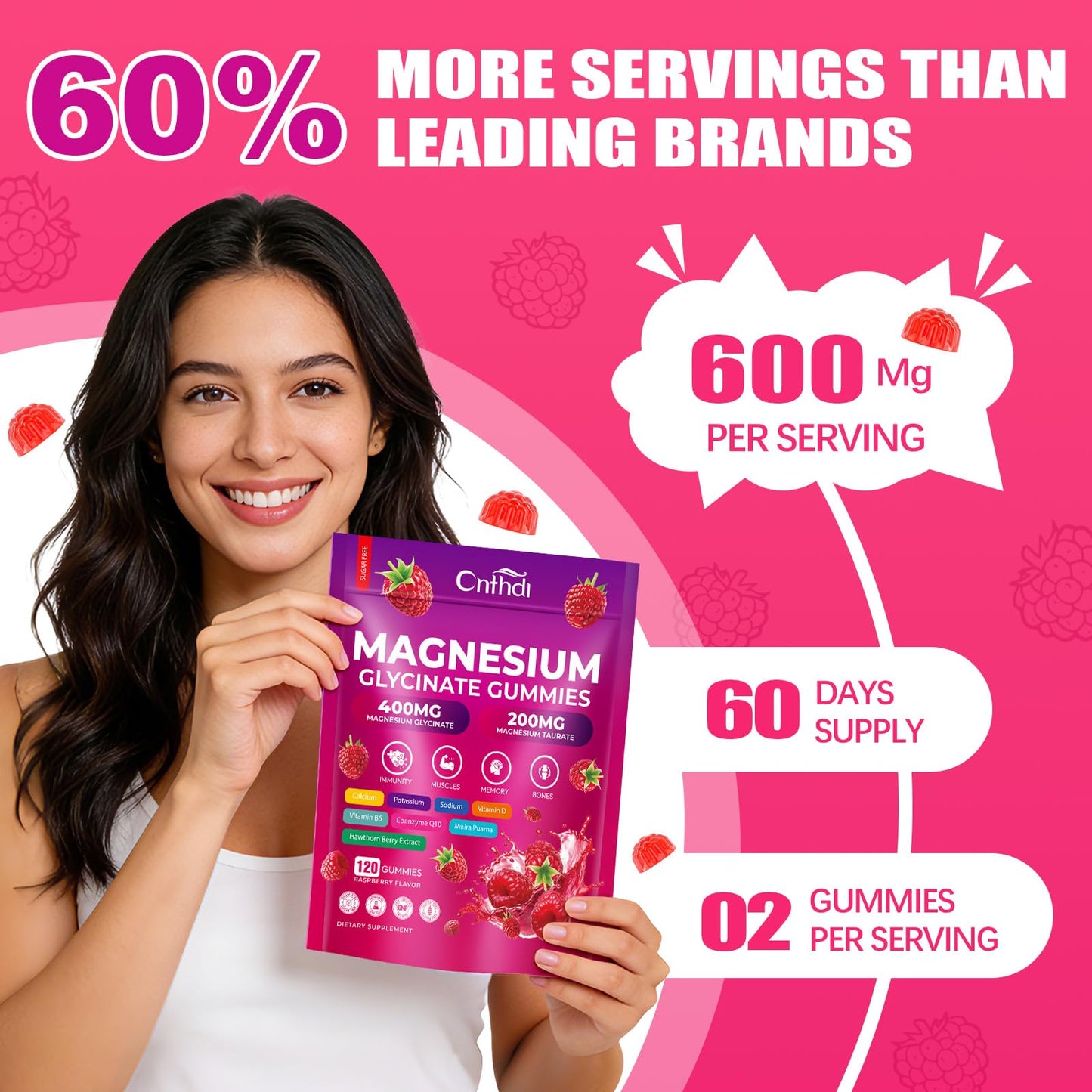 CNFHDI Magnesium Glycinate Gummies 600mg, 120 Counts Chews Sugar Free Magnesium Gummies for Adults & Kids with Calcium, Zinc & CQ10, Potassium Supplements for Zzz, Brain, Muscle & Relax CNFHDIBuy Supplements Australia