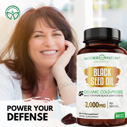 Organic Black Seed Oil 2000mg - 60 Softgel Capsules (Non-GMO) Premium Cold-Pressed Mother Nature Organics Superfoods for Organic LivingBuy Supplements Australia
