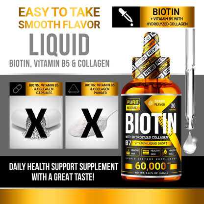 PURE RESEARCH Liquid Biotin & Collagen Hair Growth Drops 60,000mcg – Biotin and Liquid Collagen Supplements for Women & Men – Supports Glowing Skin