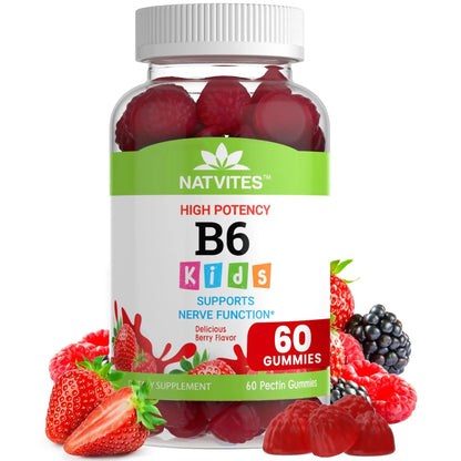 Natvites High-Potency Vitamin B6 Gummies for Kids - Delicious Berry Flavored VIT B6 Vitamins 50mg - Supports Nerve Function - Vegetarian Gluten Free Non-GMO Children's 50 mg B 6 Supplement (60 Count) NatvitesBuy Supplements Australia