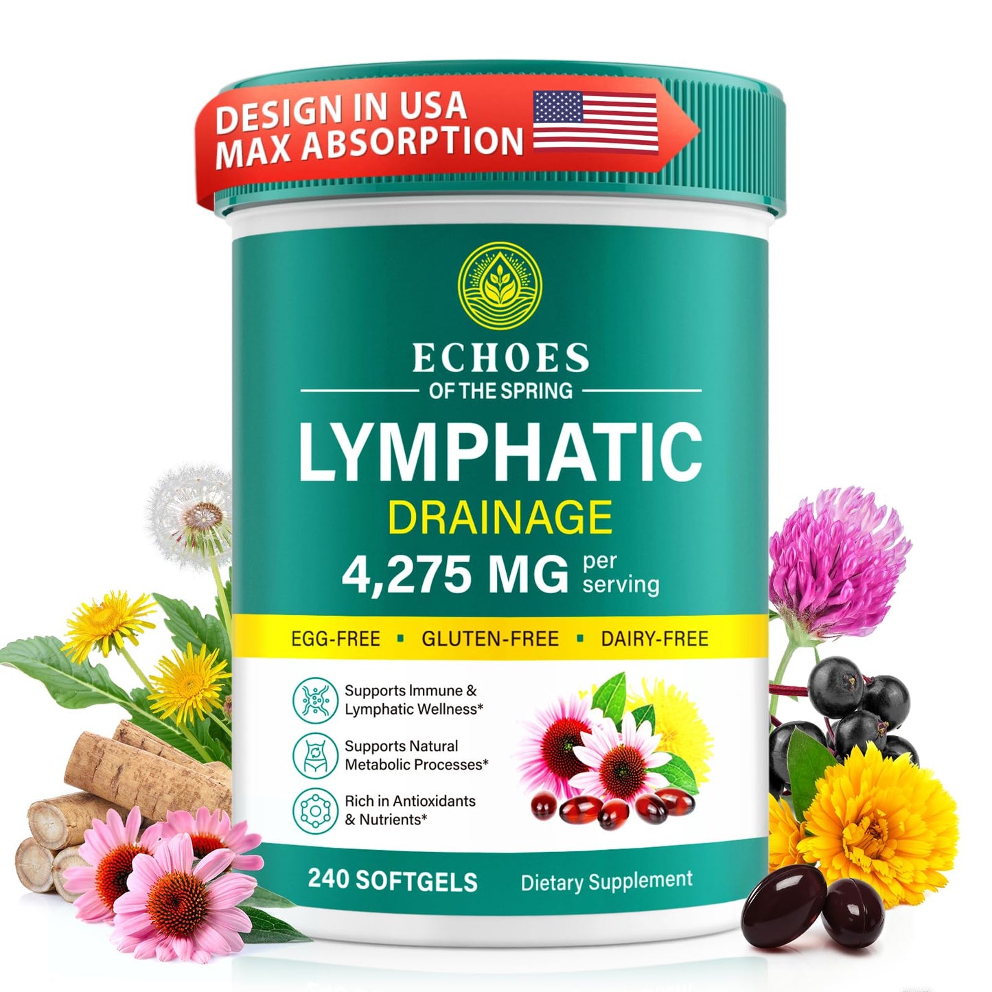 Lymphatic Drainage Supplements, 4275mg Lymph System Support Supplement for Women & Men, Daily Wellness Support, 21-in-1 Herbal Blend with Echinacea, Dandelion, Burdock, Turmeric & More, 240 Softgels Echoes of the springBuy Supplements Australia