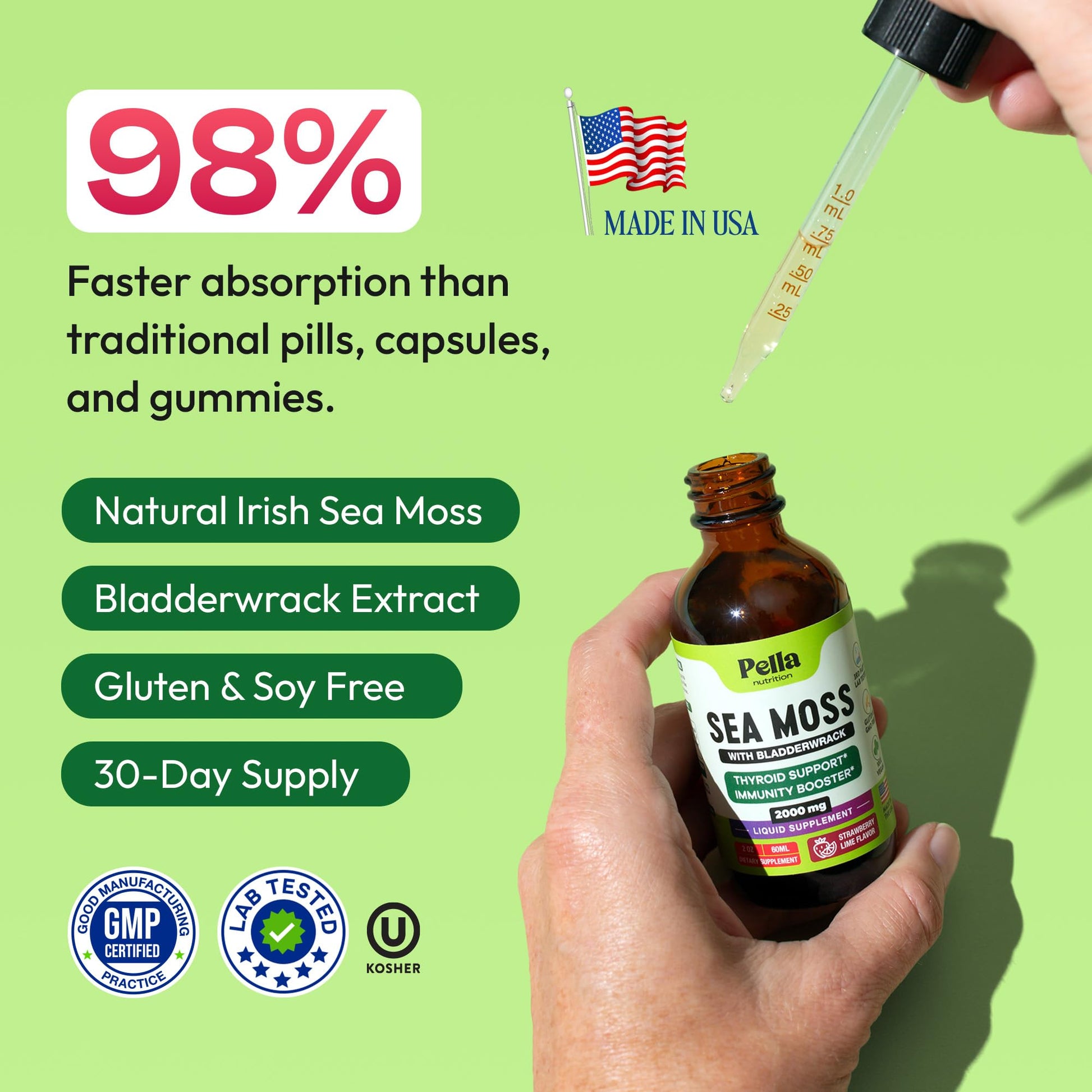 Pella Nutrition Sea Moss Drops with Bladderwrack – 4X Faster Absorption Than Irish Sea Moss Gel Superfood, Gummies, and Capsules – Digestive & Immune Support Supplement (Strawberry Lime, 60mL) Pella NutritionBuy Supplements Australia