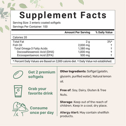 Omega 3 Fish Oil DHA Supplements 1000mg with EPA 500mg, 200 Softgels Micro IngredientsBuy Supplements Australia