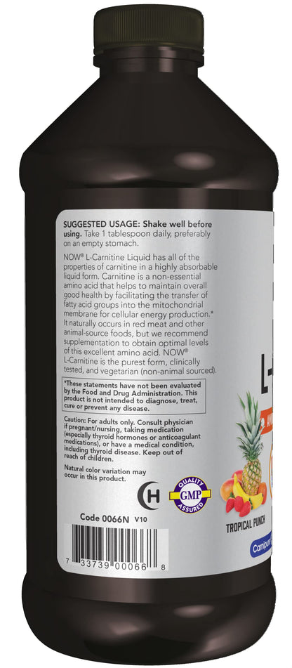 NOW Sports Nutrition, L-Carnitine Liquid 1,000 mg, Highly Absorbable, Tropical Punch NOWBuy Supplements Australia