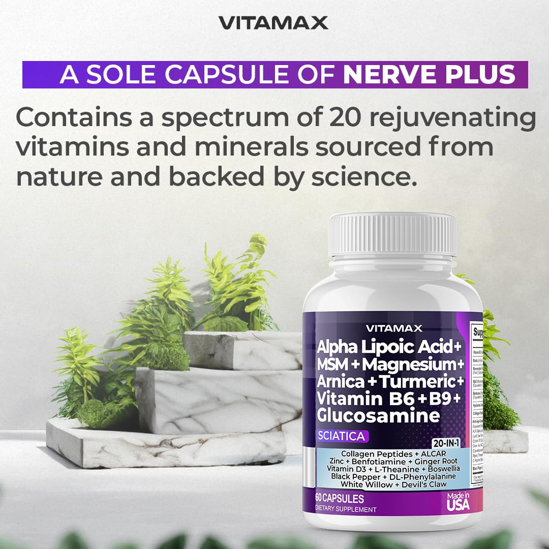 Sciatic Nerve Health Support - Sciatic Nerve Supplement Capsules with Folic Acid, Pea, Glucosamine, MSM, Vitamin B Complex, Alpha Lipoic Acid 300mg – 60ct – Made in USA VitamaxBuy Supplements Australia