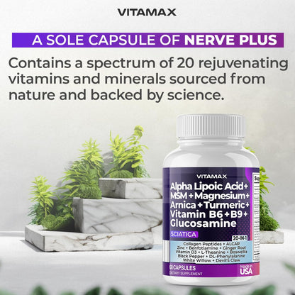 Sciatic Nerve Health Support - Sciatic Nerve Supplement Capsules with Folic Acid, Pea, Glucosamine, MSM, Vitamin B Complex, Alpha Lipoic Acid 300mg – 60ct – Made in USA VitamaxBuy Supplements Australia