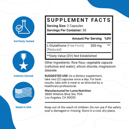 Premium Glutathione - Reduced Glutathione 500mg - Glutathione Supplement - L-Glutathione Luma NutritionBuy Supplements Australia