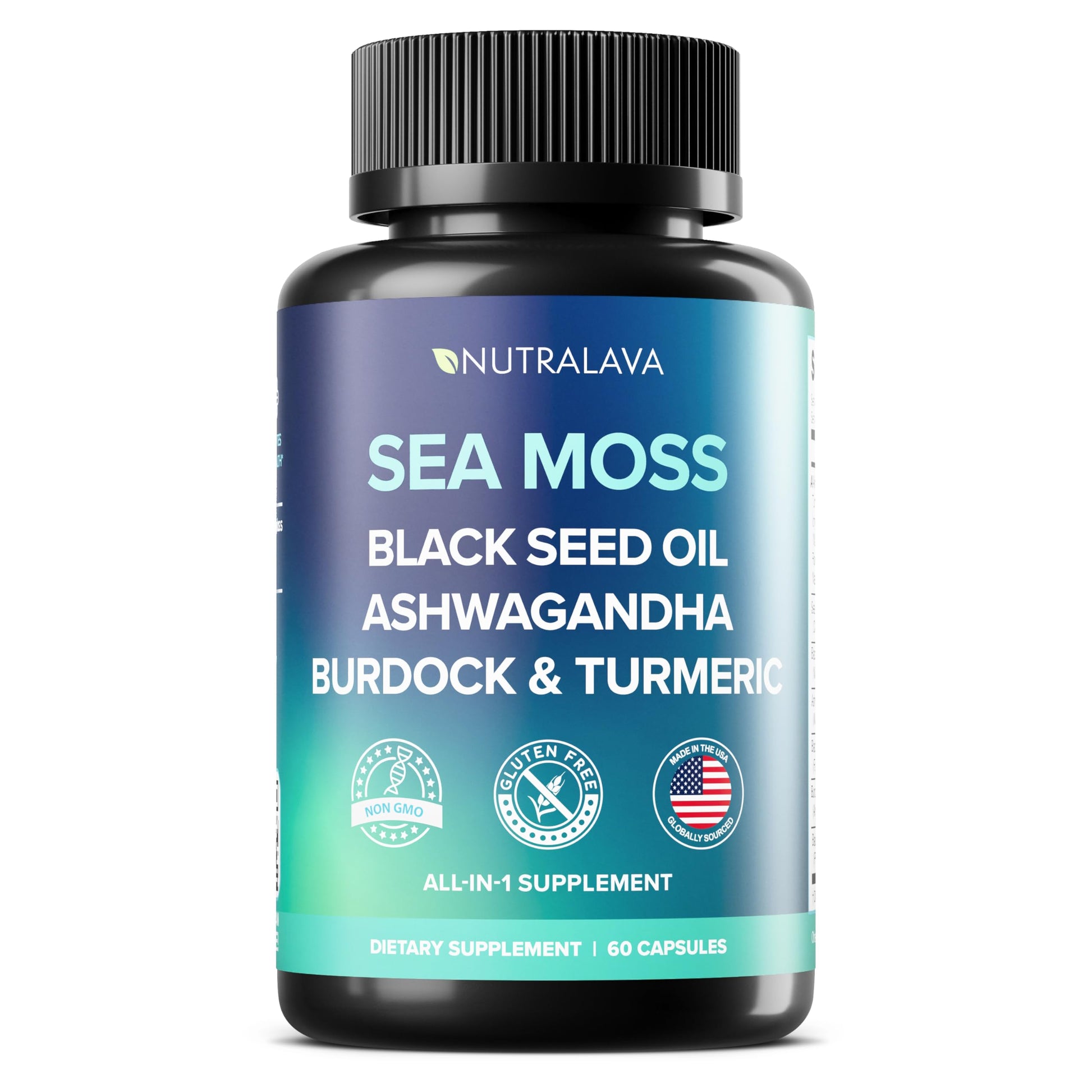 NUTRALAVA Sea Moss Pills, All-in-One Blend with Irish Sea Moss Black Seed Oil Ashwagandha, Sea Moss Capsules for Women and Men - Gluten-Free, Non-GMO, 60 Capsules NUTRALAVABuy Supplements Australia