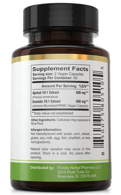 Florida Herbal Pharmacy, Apricot-Graviola Supplement Capsules 10:1 (120 Capsules), 1000 mg Serving (Pack of 1) Florida Herbal PharmacyBuy Supplements Australia