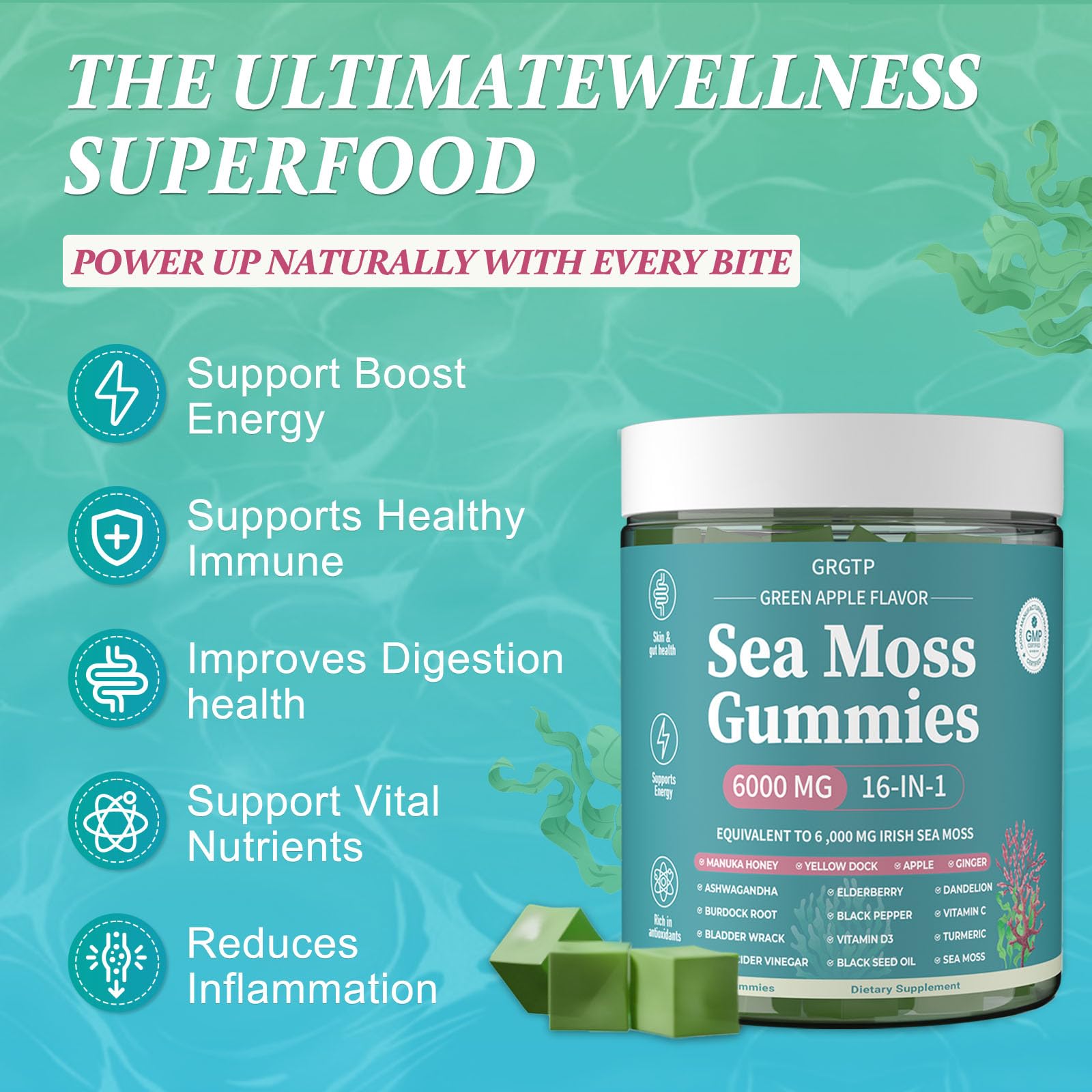 Sea Moss Gummies 16-in-1 - Ashwagandha Black Seed Oil Bladder Wrack Turmeric Vitamin C & D3 with Manuka Burdock Root Dandelion Yellow Dock Natural Detox & Liver Health Immune Support, Energy Boost GRGTPBuy Supplements Australia