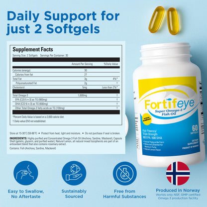 Omega 3 Fish Oil 60Count 1600 mg Made in Norway - High Potency Fish Oil Omega 3 Supplements Triglyceride Form with EPA and DHA Supplements for Women and Men No Fishy After Taste Natural Lemon Flavor Fortifeye VitaminsBuy Supplements Australia
