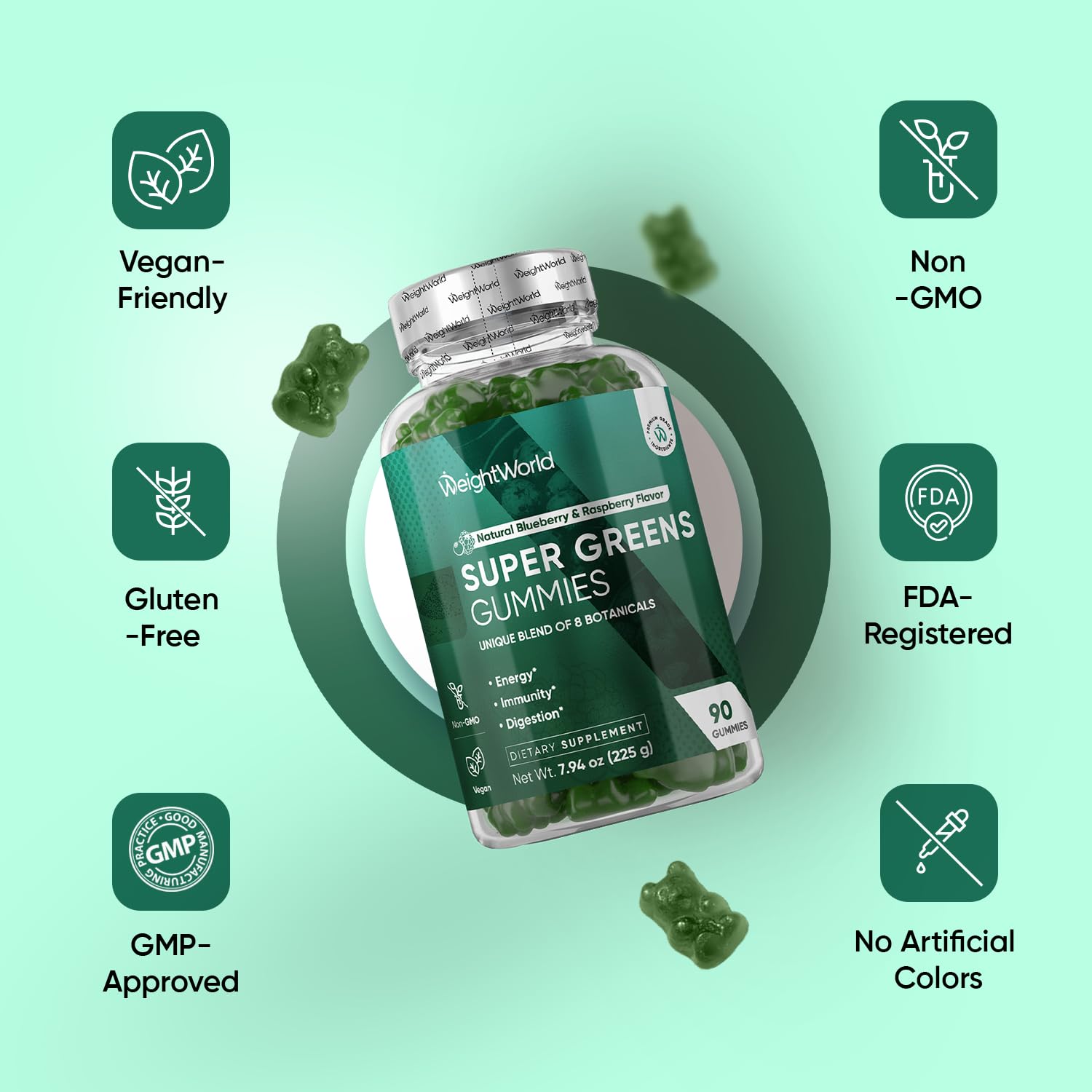 WeightWorld Super Greens Gummies - Energy, Immunity & Digestion - 45-Day Supply - Vegan Daily Greens Supplements (Moringa, Broccoli, Spinach) - Added Vitamins & Minerals - 90 Superfood Gummies WeightWorldBuy Supplements Australia