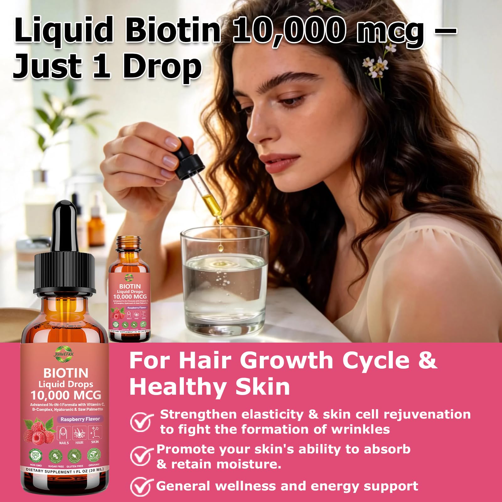 Pure Biotin 10000mcg Liquid Drop Optimal Solutions Hair Skin & Nails Vitamins Support w. Collagen Keratin Hyaluronic Acid Saw Palmetto, Biotin(Vitamin B7) for Hair Growth & Cellular Energy JUIWEFKKBuy Supplements Australia