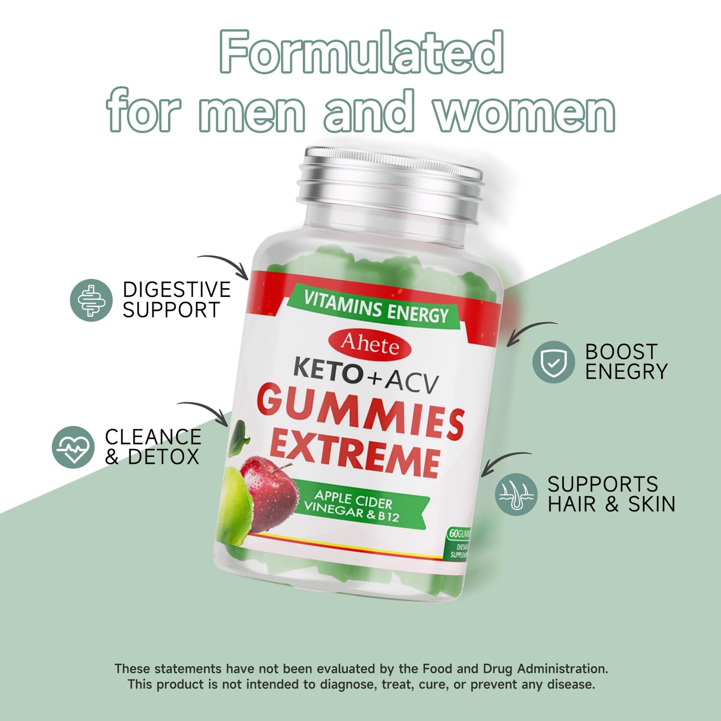 Ahete Keto Apple Cider Vinegar Gummies with Vitamin B6, B12, Folate & Beet Root, Keto ACV Gummies Supports Daily Wellness & Metabolism, Natural Apple Flavor, 60 Gummies (30 Day Supply) AheteBuy Supplements Australia