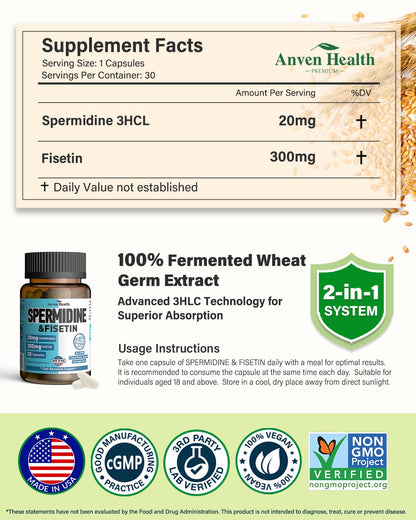 Spermidine & Fisetin Supplement - 20mg of 99% Spermidine Per Serving, 3HCL & 300mg Fisetin for Women Men Cell Renewal, Aging Defense & Longevity, Gluten Free, Non-GMO, Made in USA | 30 Veggie Caps Anven HealthBuy Supplements Australia