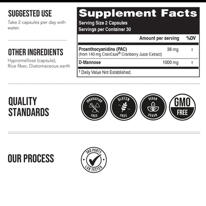 CranEaze®: Cranberry Juice Extract Plus D-Mannose – 36 mg PAC, 100% Soluble PAC - Supports Urinary Tract Health – Most Effective Cranberry Pills for Women,