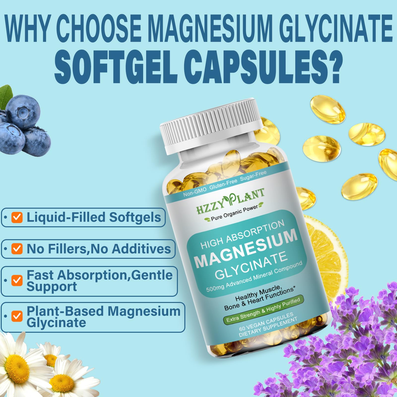 Magnesium Glycinate 500mg Softgels, High Absorption Magnesium Supplement Softgel Capsules for Muscle, Heart, Sleep & Bone Support, Stress Relief, Nerve Health & Metabolism, Non-GMO, 2 Month Supply HZZYPLANTBuy Supplements Australia