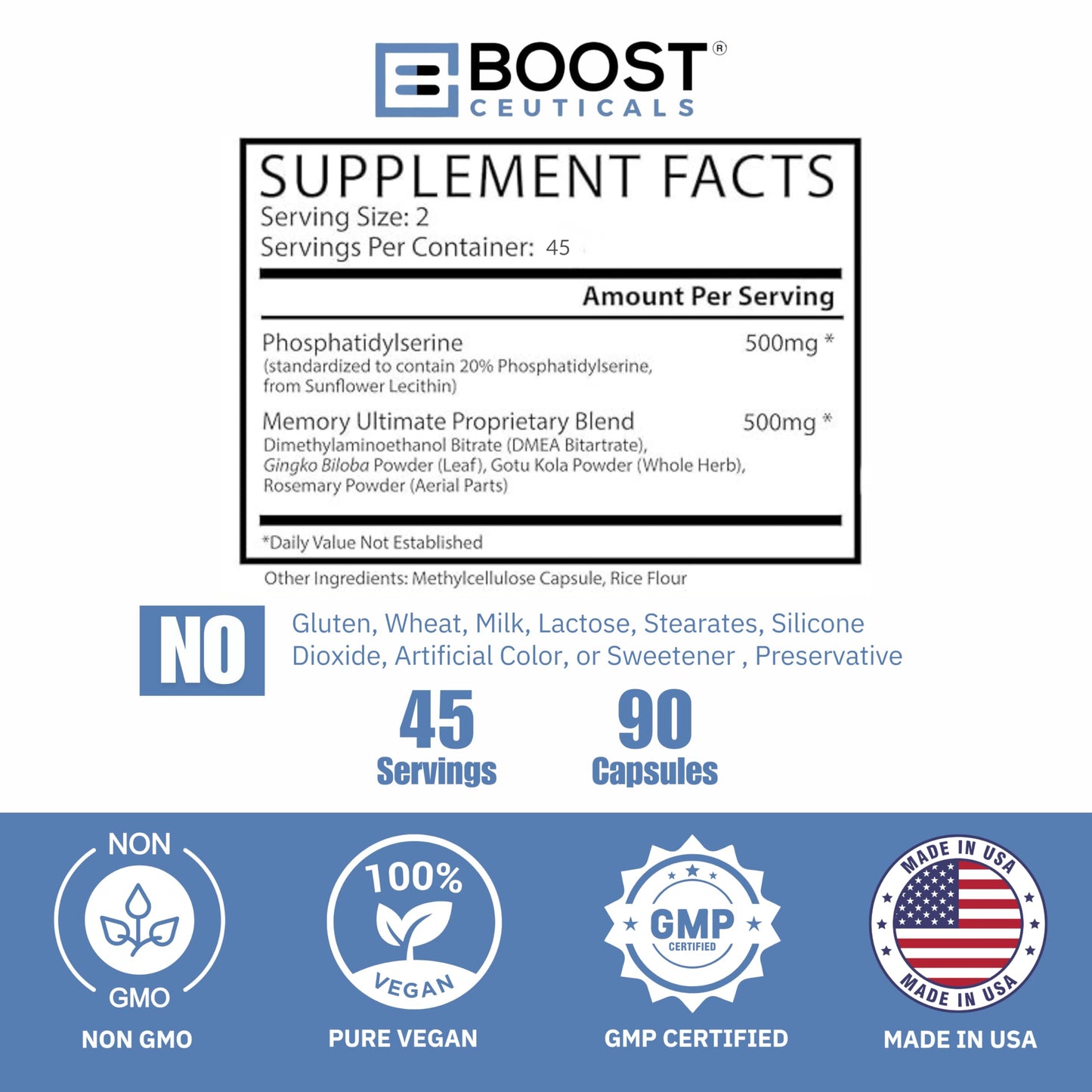 BoostCeuticals Phosphatidylserine 100mg with Ginkgo DMAE Gotu Kola - Memory, Stress & Cortisol Support, Cognitive Focus, Sleep Health, Brain Function Supplement, 90 Capsules BoostCeuticalsBuy Supplements Australia