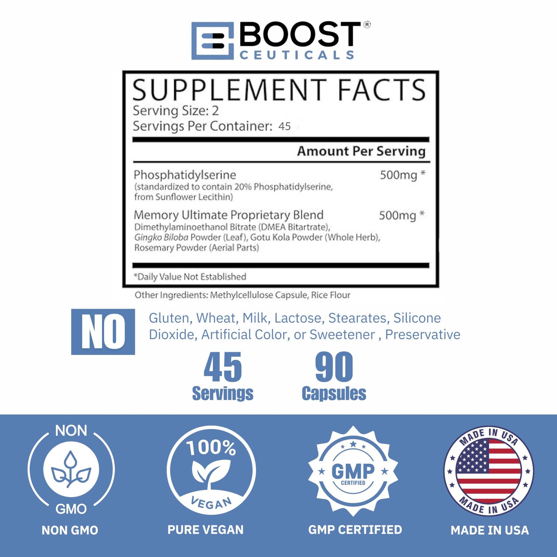 BoostCeuticals Phosphatidylserine 100mg with Ginkgo DMAE Gotu Kola - Memory, Stress & Cortisol Support, Cognitive Focus, Sleep Health, Brain Function Supplement, 90 Capsules BoostCeuticalsBuy Supplements Australia