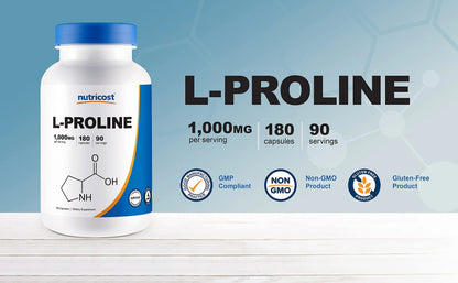 Nutricost L-Proline 1000mg, 180 Capsules (90 Servings) - 500mg Per Cap, Non-GMO, Gluten Free NutricostBuy Supplements Australia